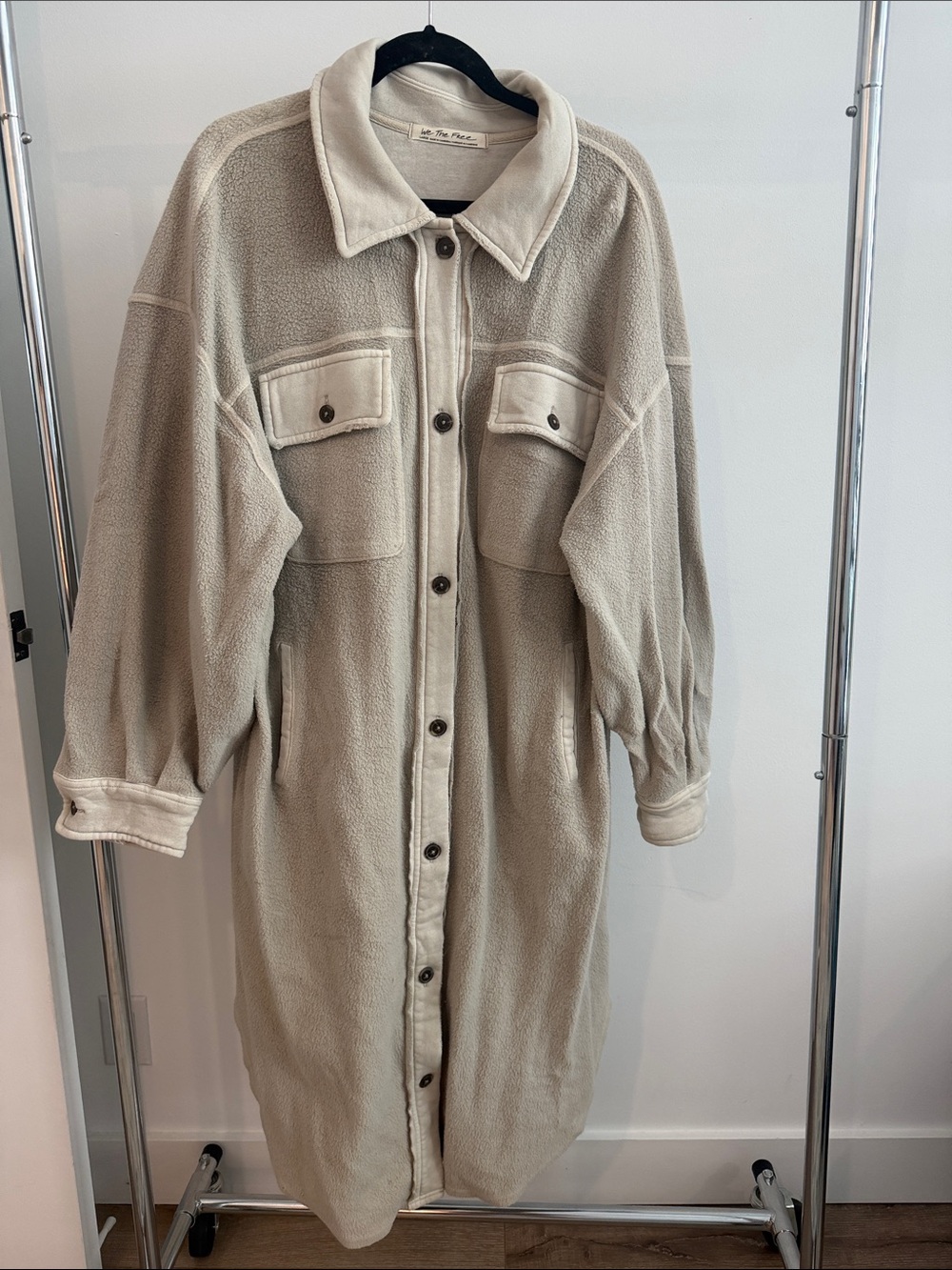 Free People Neutral Beige Long Fleece Shacket Jacket